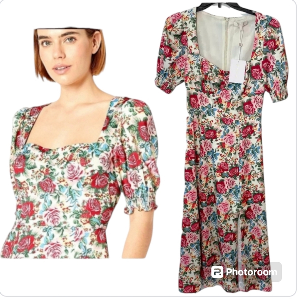 NWT WAYF Felicity Floral Print Midi Dress Rose Red Purple Puff Sleeve Sz S